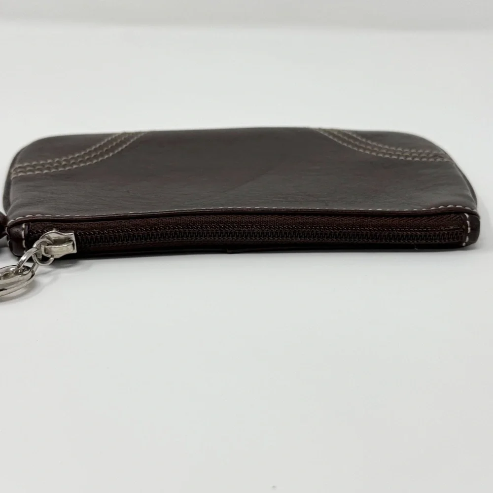 Coach Dark Brown Leather Wristlet Clutch Pouch Purse Zip Top Signature